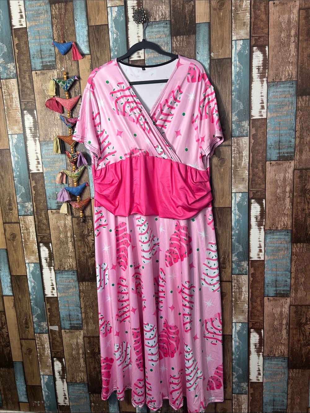 Feminine Pink Printed Wrap Maxi Dress with Contrast Waist Panel